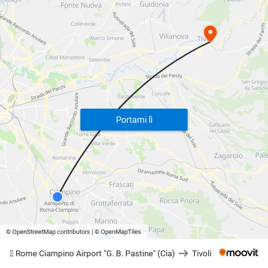 ✈ Rome Ciampino Airport "G. B. Pastine" (Cia) to Tivoli map