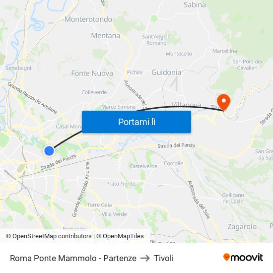 Roma Ponte Mammolo - Partenze to Tivoli map