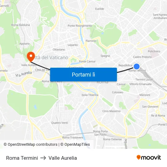 Roma Termini to Valle Aurelia map