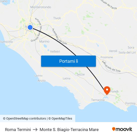 Roma Termini to Monte S. Biagio-Terracina Mare map