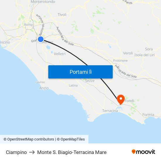 Ciampino to Monte S. Biagio-Terracina Mare map