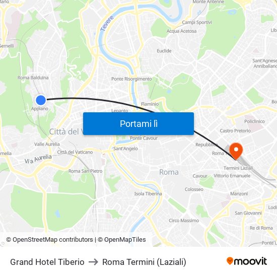Grand Hotel Tiberio to Roma Termini (Laziali) map