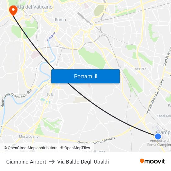 Ciampino Airport to Via Baldo Degli Ubaldi map