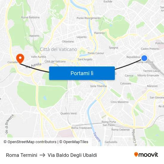 Roma Termini to Via Baldo Degli Ubaldi map
