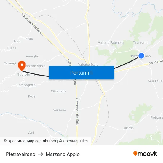 Pietravairano to Marzano Appio map