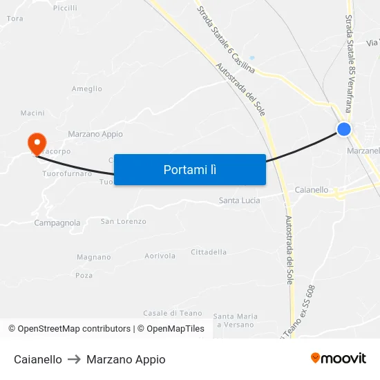 Caianello to Marzano Appio map