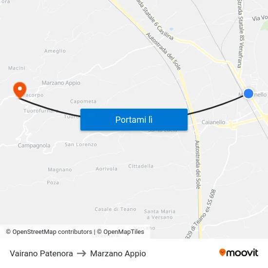 Vairano Patenora to Marzano Appio map