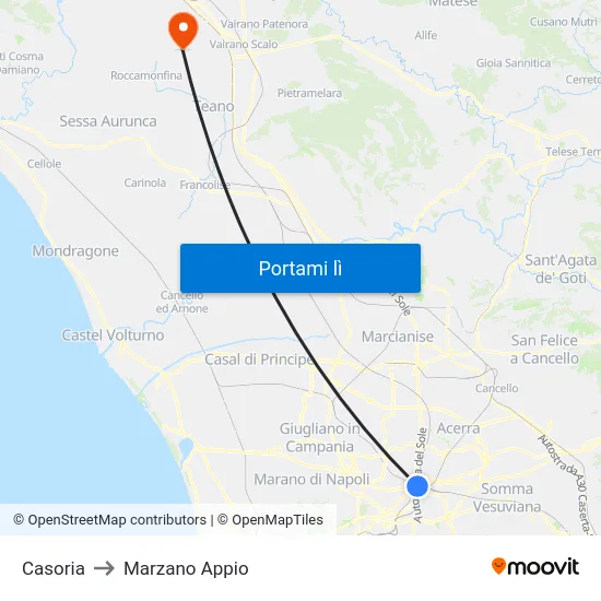 Casoria to Marzano Appio map