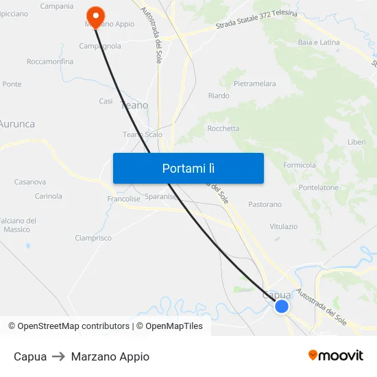 Capua to Marzano Appio map