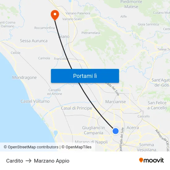 Cardito to Marzano Appio map
