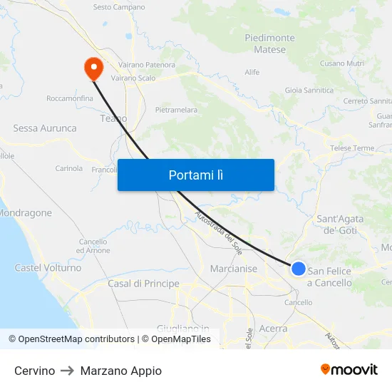 Cervino to Marzano Appio map