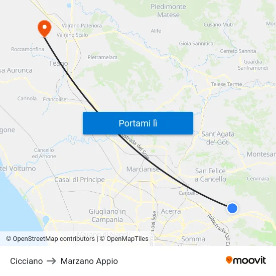 Cicciano to Marzano Appio map
