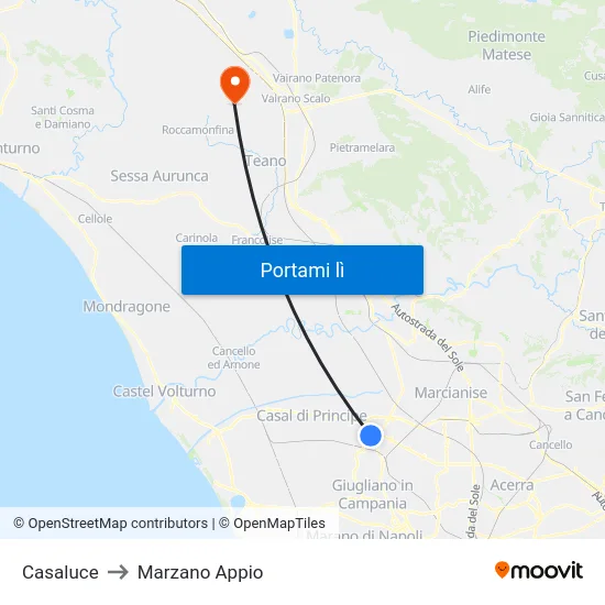 Casaluce to Marzano Appio map