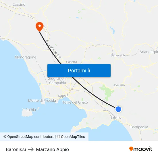 Baronissi to Marzano Appio map