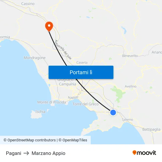 Pagani to Marzano Appio map