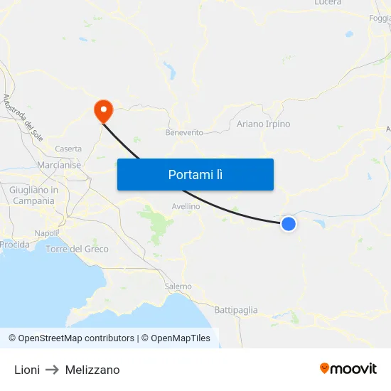 Lioni to Melizzano map