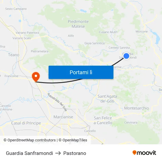 Guardia Sanframondi to Pastorano map