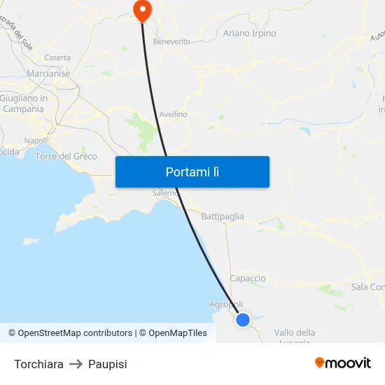 Torchiara to Paupisi map