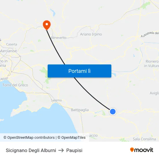 Sicignano Degli Alburni to Paupisi map