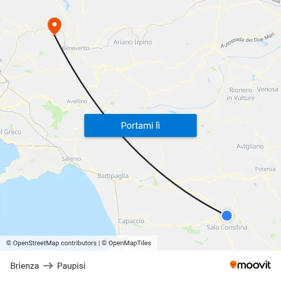 Brienza to Paupisi map