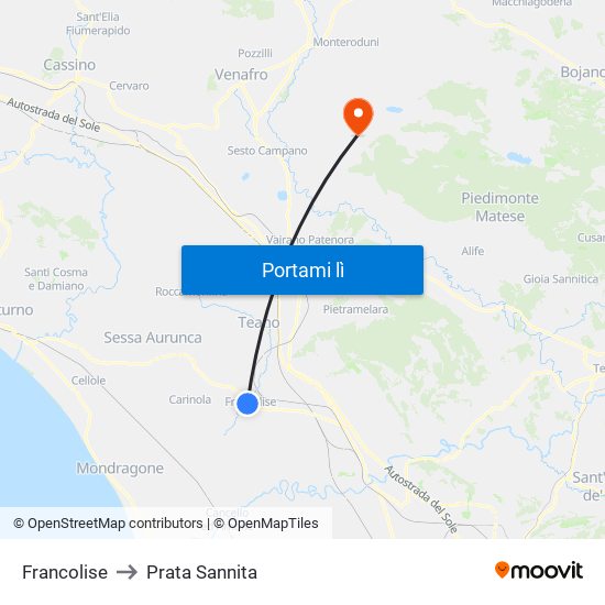 Francolise to Prata Sannita map