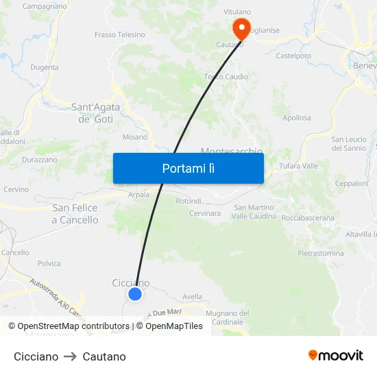 Cicciano to Cautano map