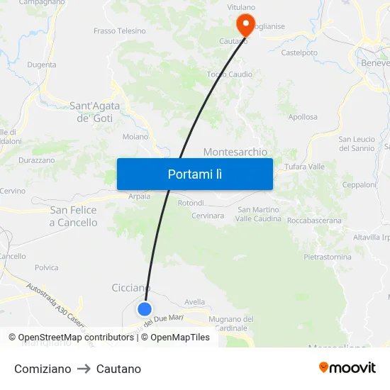 Comiziano to Cautano map