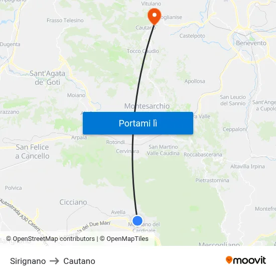 Sirignano to Cautano map