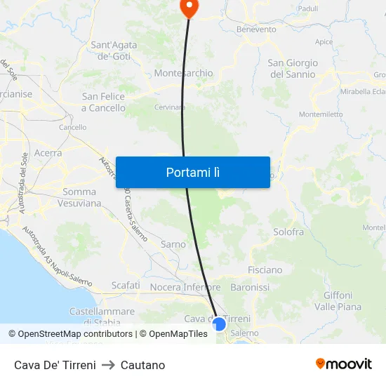 Cava De' Tirreni to Cautano map