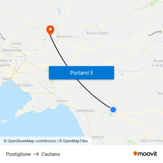 Postiglione to Cautano map