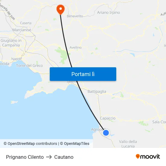 Prignano Cilento to Cautano map