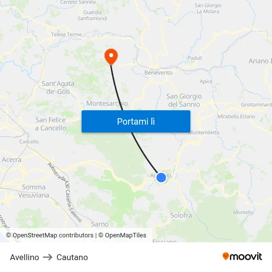 Avellino to Cautano map