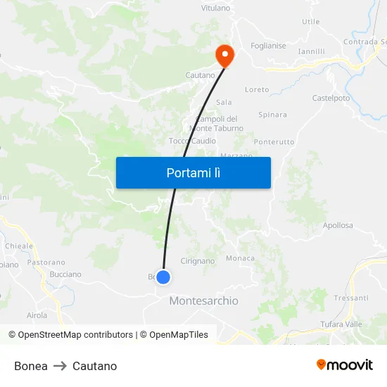Bonea to Cautano map