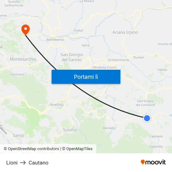 Lioni to Cautano map