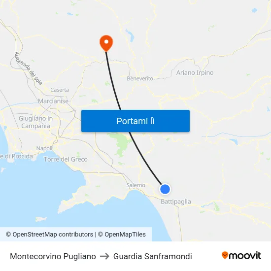 Montecorvino Pugliano to Guardia Sanframondi map