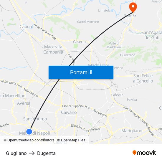 Giugliano to Dugenta map