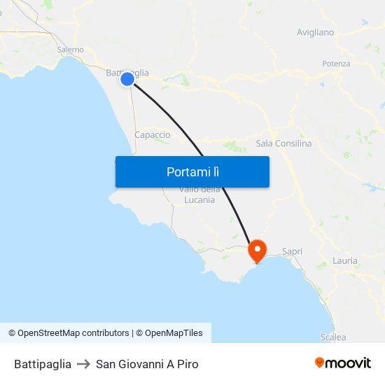 Battipaglia to San Giovanni A Piro map