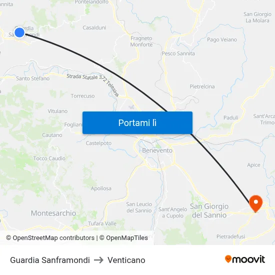 Guardia Sanframondi to Venticano map