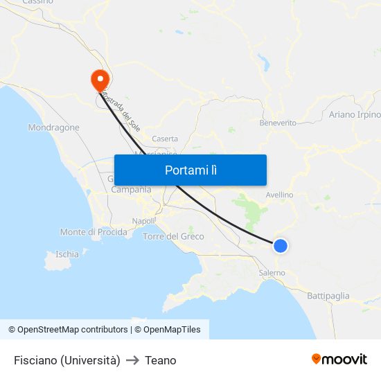 Fisciano (Università) to Teano map