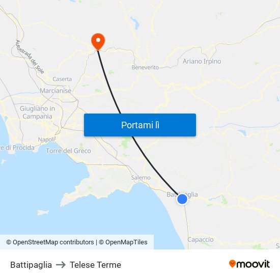 Battipaglia to Telese Terme map