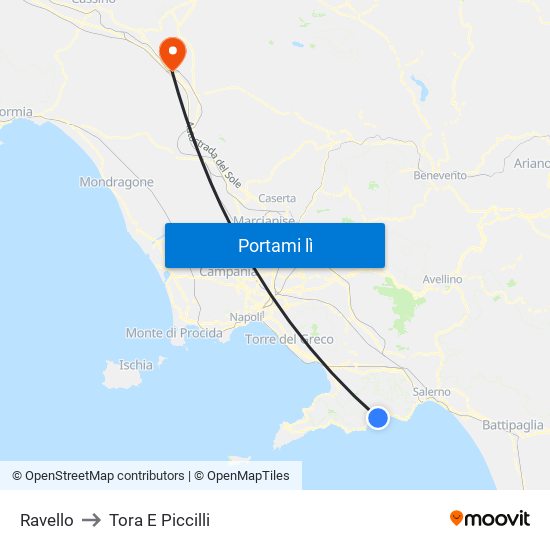 Ravello to Tora E Piccilli map