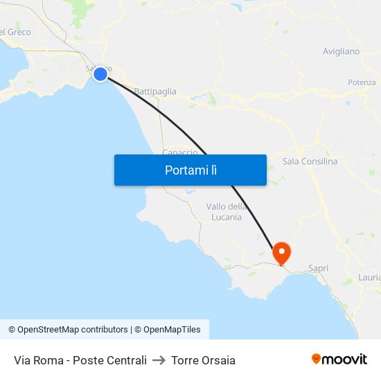 Via Roma - Poste Centrali to Torre Orsaia map