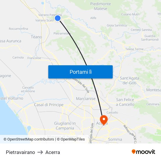 Pietravairano to Acerra map