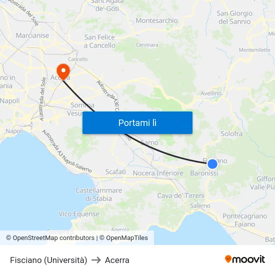 Fisciano (Università) to Acerra map