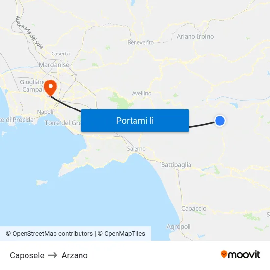 Caposele to Arzano map
