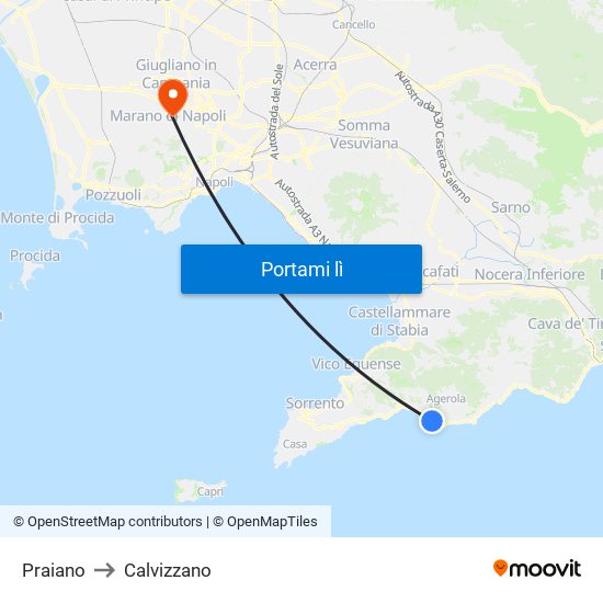 Praiano to Calvizzano map