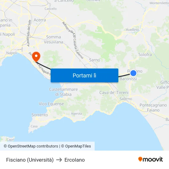 Fisciano (Università) to Ercolano map