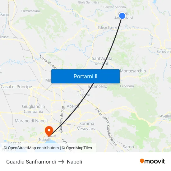 Guardia Sanframondi to Napoli map