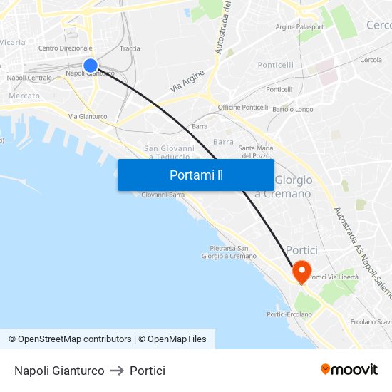 Napoli Gianturco to Portici map