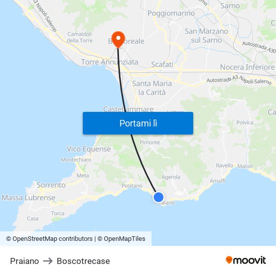 Praiano to Boscotrecase map